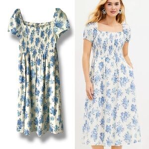 LOFT Smocked Floral Midi Dress Blue White Puff Sleeves Regencycore Medium